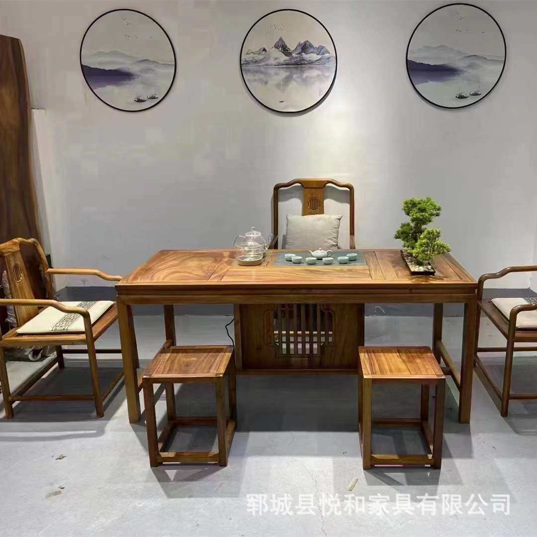 新中式老榆木茶桌仿古实木圆餐桌大圆桌饭桌椅组合实木酒店大圆桌