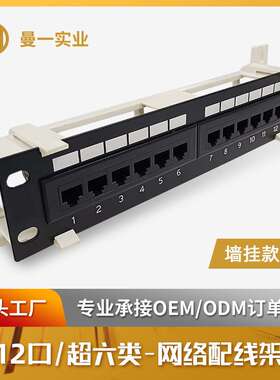 曼一网络配线架1u12口超六类非屏蔽Rcat.6a墙壁RJ45墙挂弱电箱款