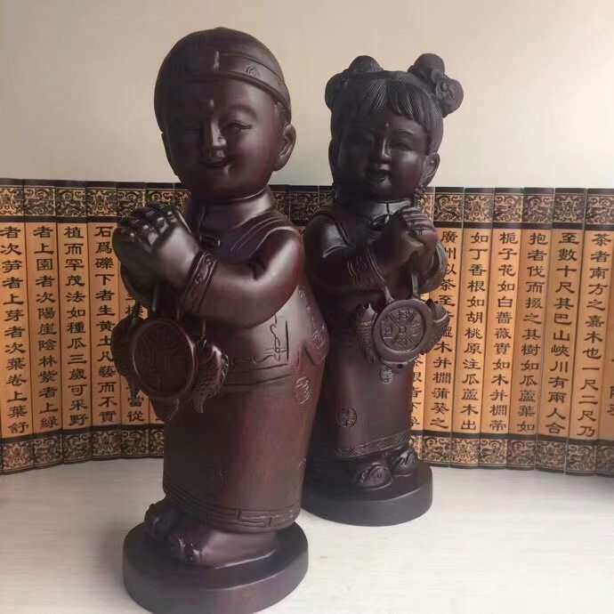黑檀木茶宠金童玉女摆件木客厅家居装饰品小件工艺品