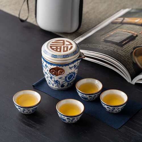 旅行茶具套装青花汝窑户外露营简约款泡茶便携式陶瓷快客一壶三杯