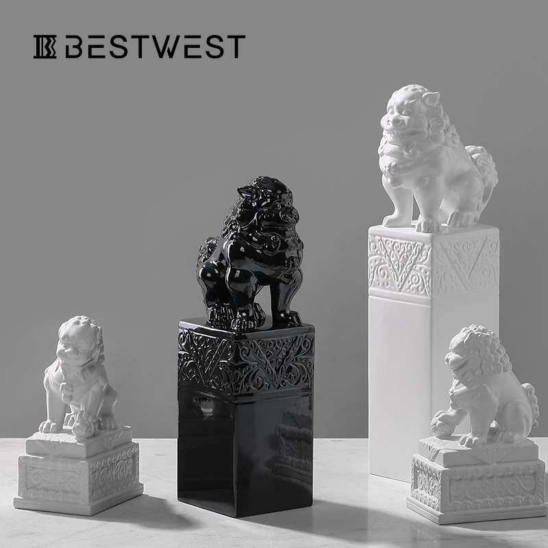 Best west 黑白色陶瓷狮子镇纸镇尺摆件家居别墅客厅酒柜软装饰品