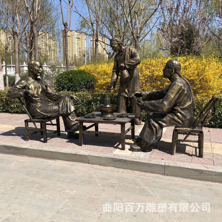 古代人吃火锅雕塑 玻璃钢仿铜人物小品现货 步行街火锅店装饰摆件