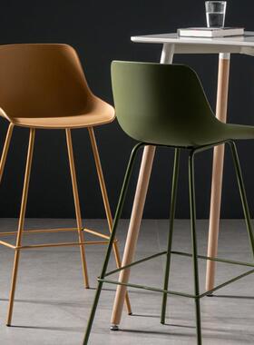 现代简约靠背塑料高脚椅家用绿色铁艺吧台凳北欧吧凳奶茶店吧椅