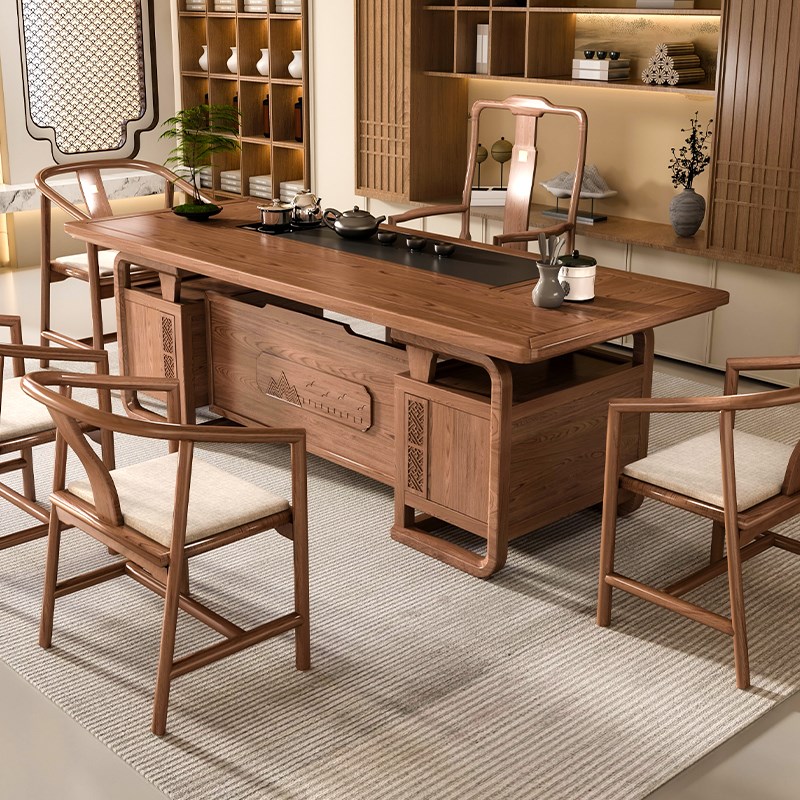 新中式实木茶f桌椅组合一桌五椅客厅家用泡茶台茶桌办公室大板茶