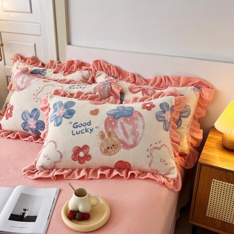 冬季牛奶绒加绒保暖枕n套家用枕芯枕巾套单双人印花一对装48x74cm