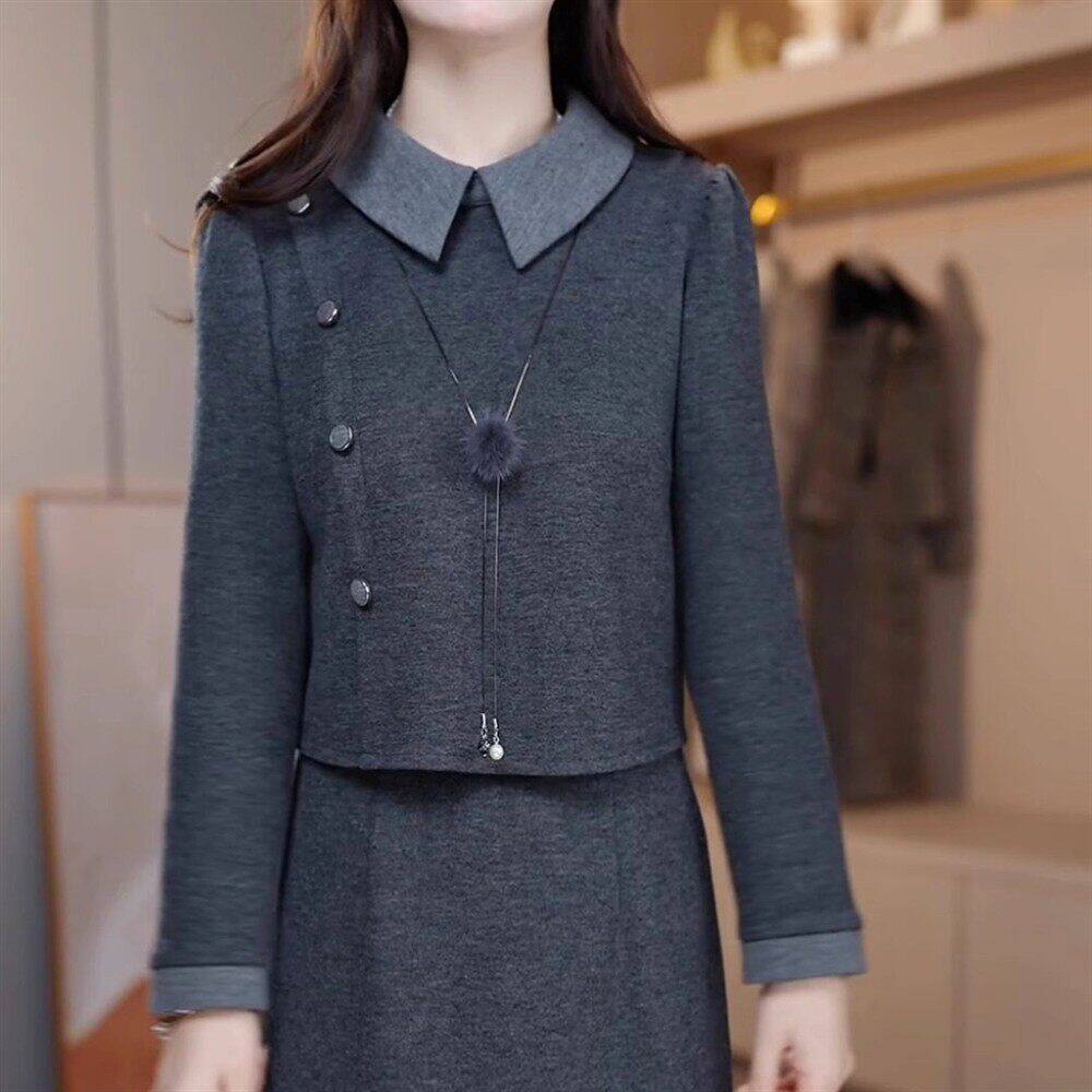 设计感百搭显瘦高端长袖连衣裙女2026新款冬季气质加厚假两件裙子
