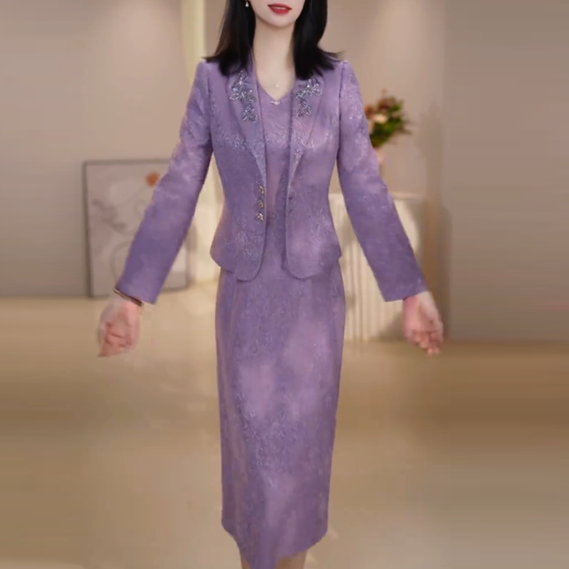 紫色印花套装裙女2026新款秋减龄一整套妈妈装西装连衣裙两件套潮