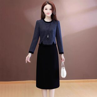 气质轻奢连衣裙女2026冬季新款时尚中年妈妈装洋气减龄假两件裙子