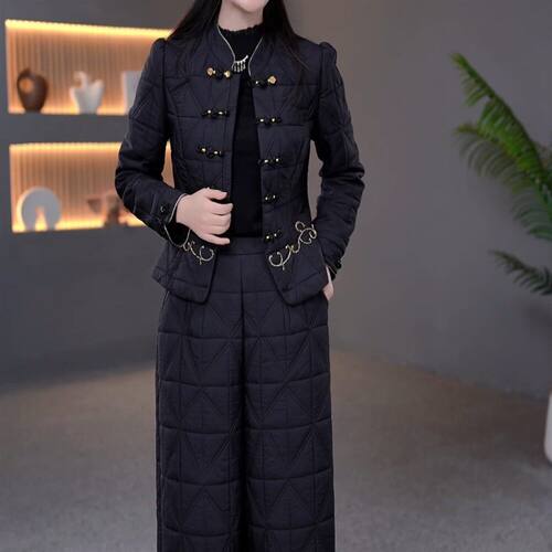 刺绣高端棉服气质时尚套装2026冬季新款修身显瘦夹棉阔腿裤两件套