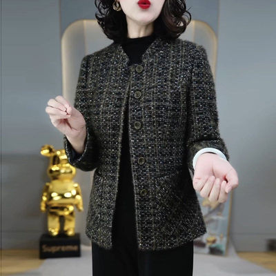 小香风圆领长袖短款外套女2026秋季新款减龄显瘦妈妈装单排扣上衣