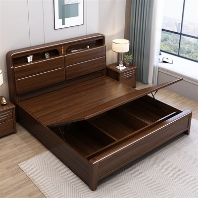 床带储物空间新中式胡桃木1米8乘2米大床家用气S压收纳实木箱体床