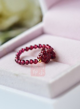 原矿朱砂玫瑰花j净体石榴石戒指女款指环圆珠貔貅食指戒