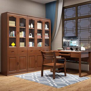 书桌一体中式实木书柜带玻璃门整书房轻奢储物书橱柜办公室墙雅行