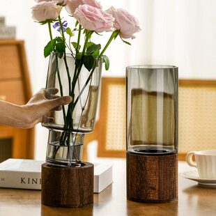带插花感高级托花瓶木水培新中式餐桌客厅鲜花富贵竹装饰摆件玻璃