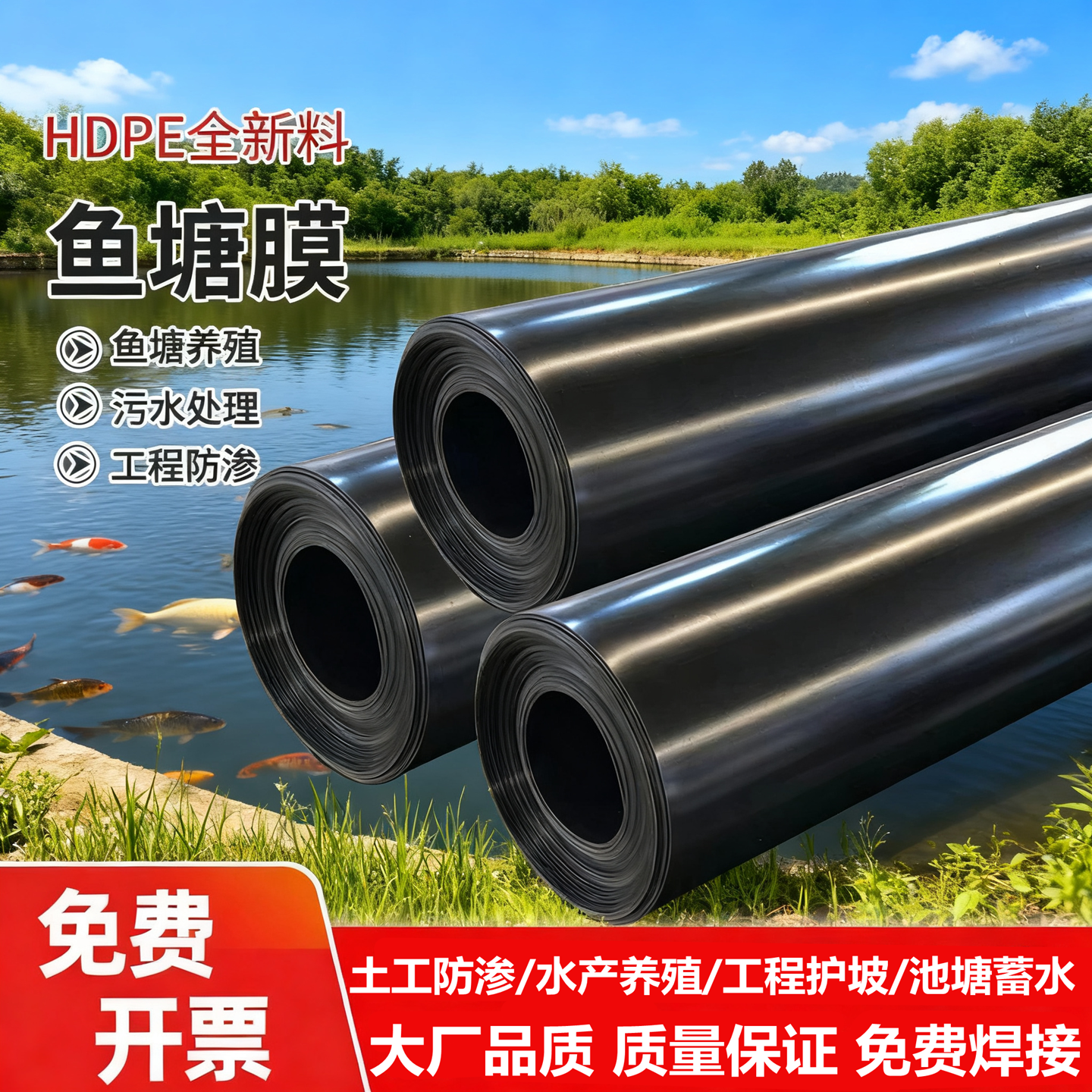 鱼塘防渗膜防水布土工膜鱼池专用池塘养殖防水膜护坡薄膜黑塑料布