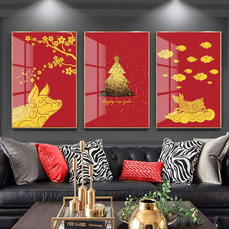 现代简约新中式炫彩客厅沙发三联晶瓷装饰画酒店公寓家居装饰挂画图片