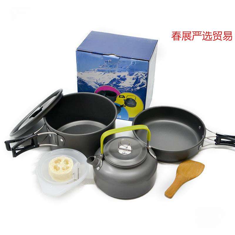 户外家用套锅便携组合2-3人野营炊具煎锅不粘锅带茶壶野炊-308