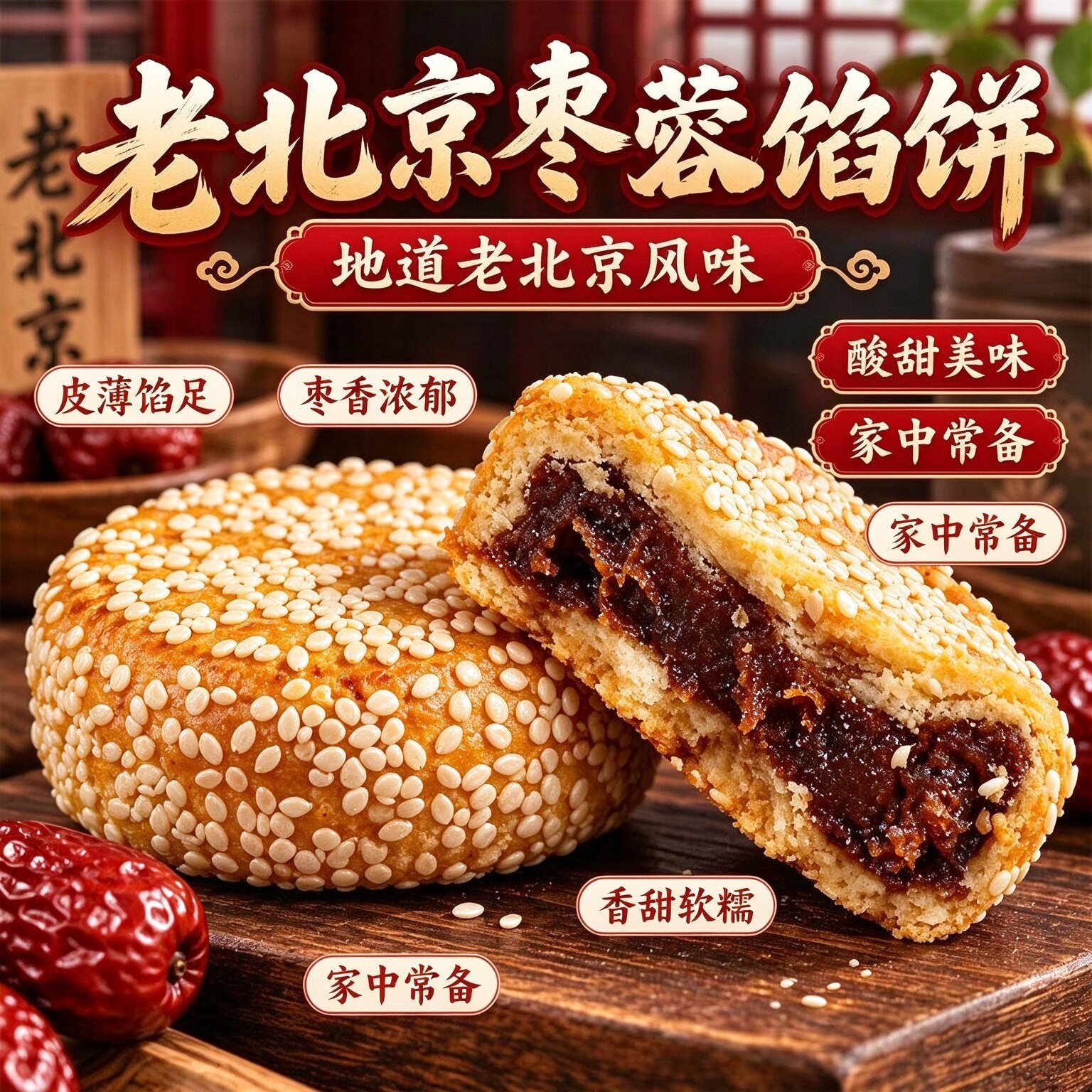 老北京枣蓉馅饼麻饼芝麻饼枣泥夹心传统老式糕点心零食独立包装