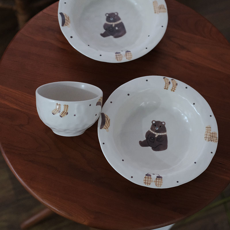 川谷原创哑光棕熊系列餐具家用饭碗陶瓷盘子碗Q盘组合家用陶瓷餐