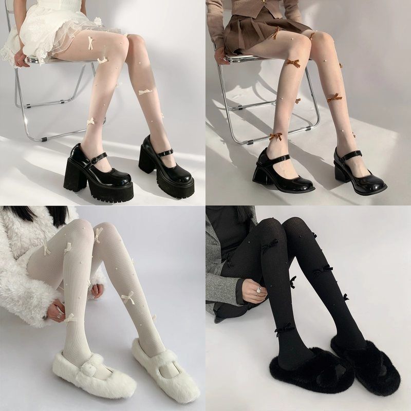 穿jk蝴蝶结纯欲珍珠春夏黑丝白色