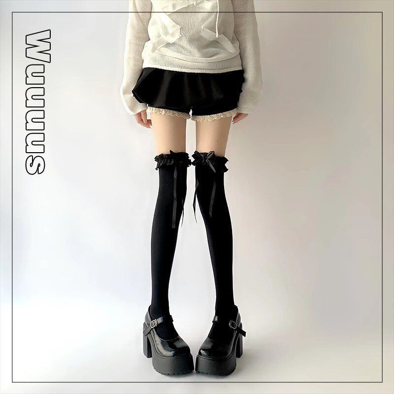 纯色jk袜子女蕾丝花边长筒袜白色