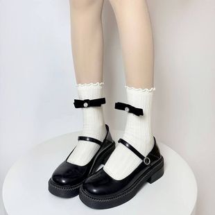 棉袜搭配玛丽jk中筒小简约夏季 短筒蝴蝶结薄款 袜子女白色珍皮鞋