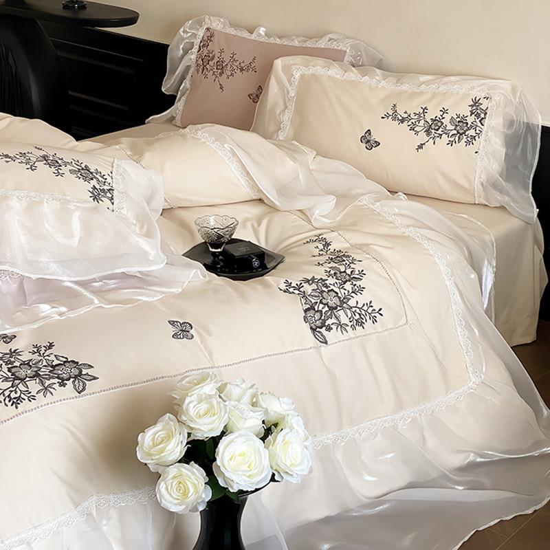 法式少女100S全棉磨毛四件套秋冬加厚刺绣花边被套床上用品粉白色