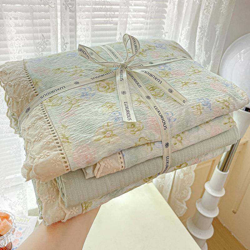 法式花边蕾丝双层母婴四件套床上用品皱皱纱级被套床单非棉三件套