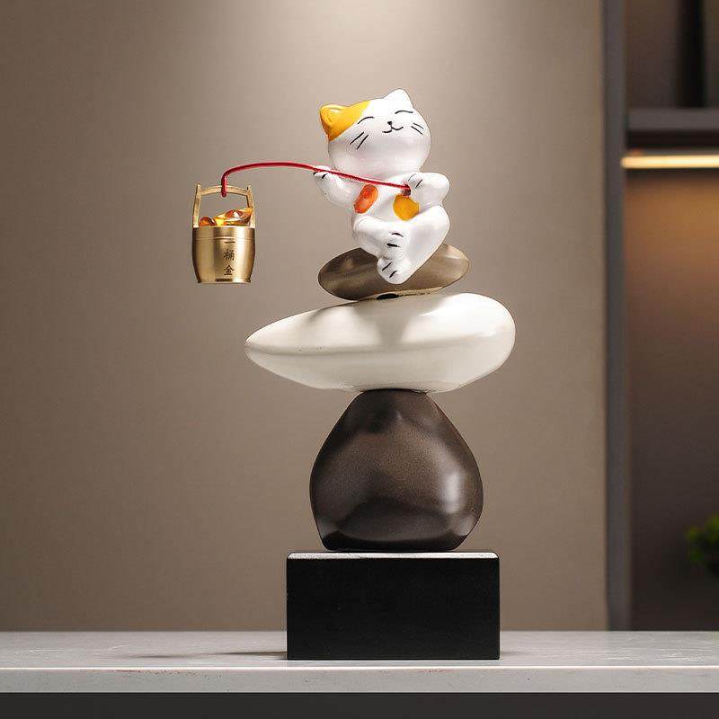 一桶金猫咪客厅酒柜电视柜办公室桌面艺术装饰品时来运转摆件