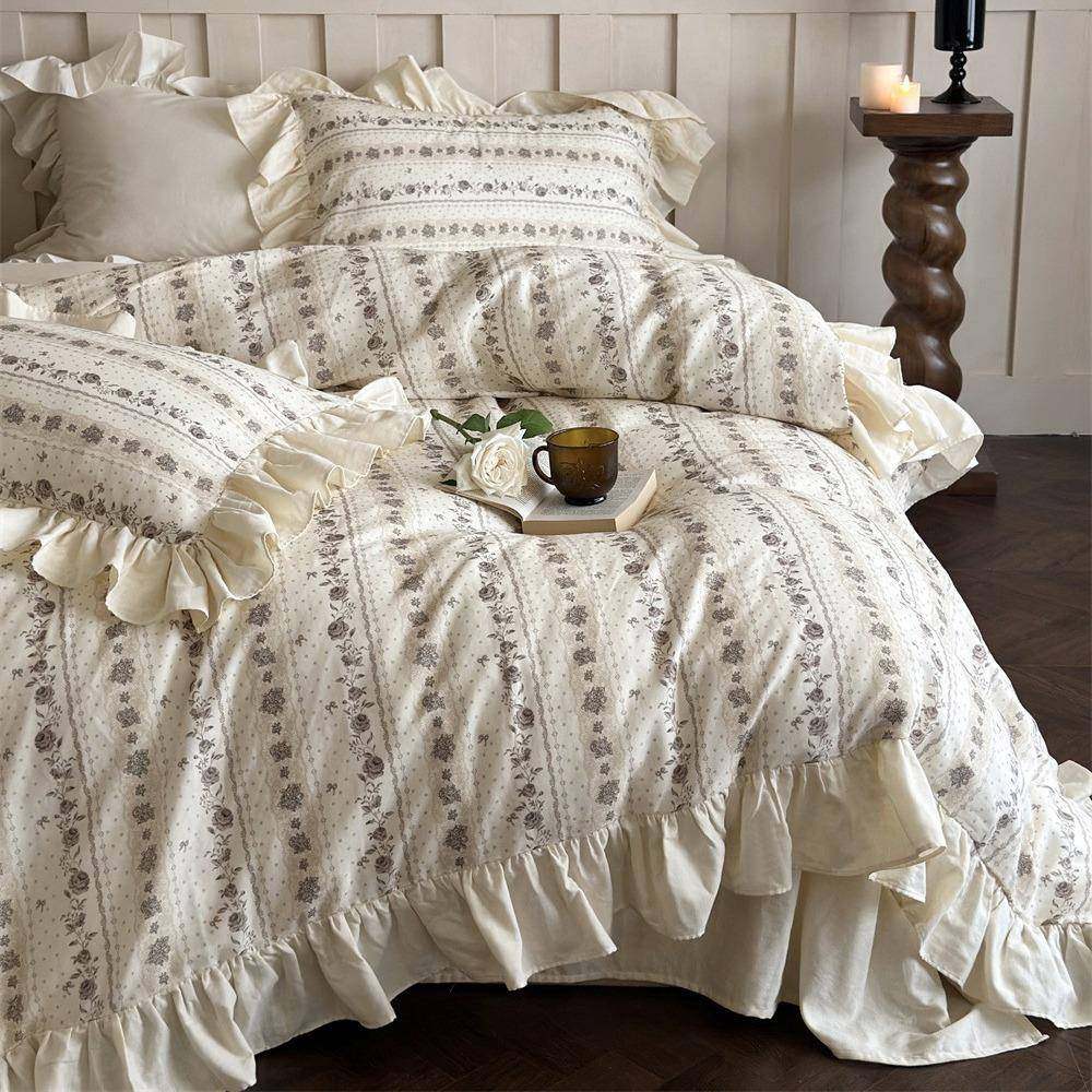 浪漫玫瑰印花法式复古A类全棉双层纱四件套纯棉复古花边被套床单