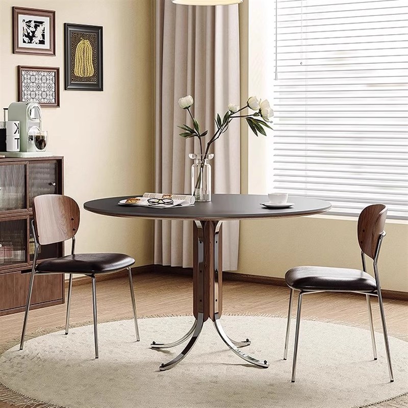 复古轻奢风圆形岩板餐桌椅组合意式家用小K户型实木中古风餐厅饭