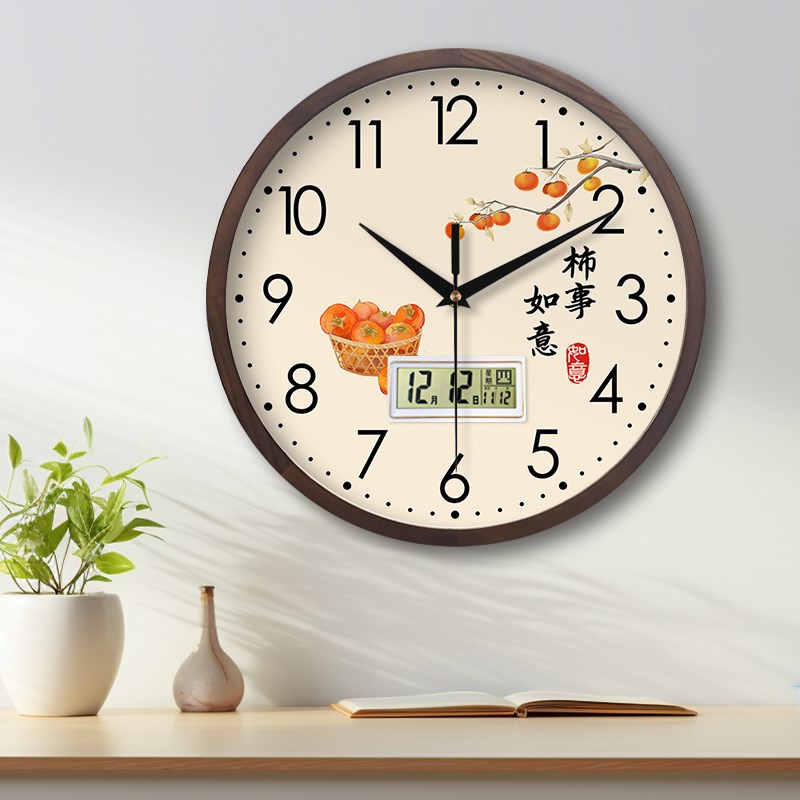 简约实木中国风轻奢创意挂钟客厅静音时J钟时尚复古家用胡桃木钟