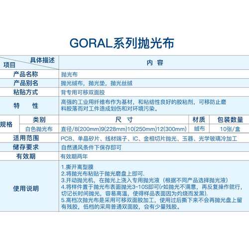 Goral白色背胶超纤布、金属类中粗抛光专用垫、金相抛光布 单张