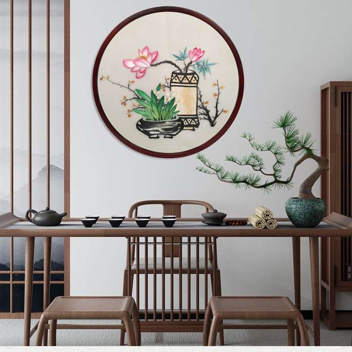 湘绣圆形挂画成品手工刺绣画壁画墙画实木外框刺绣装饰画立体绣