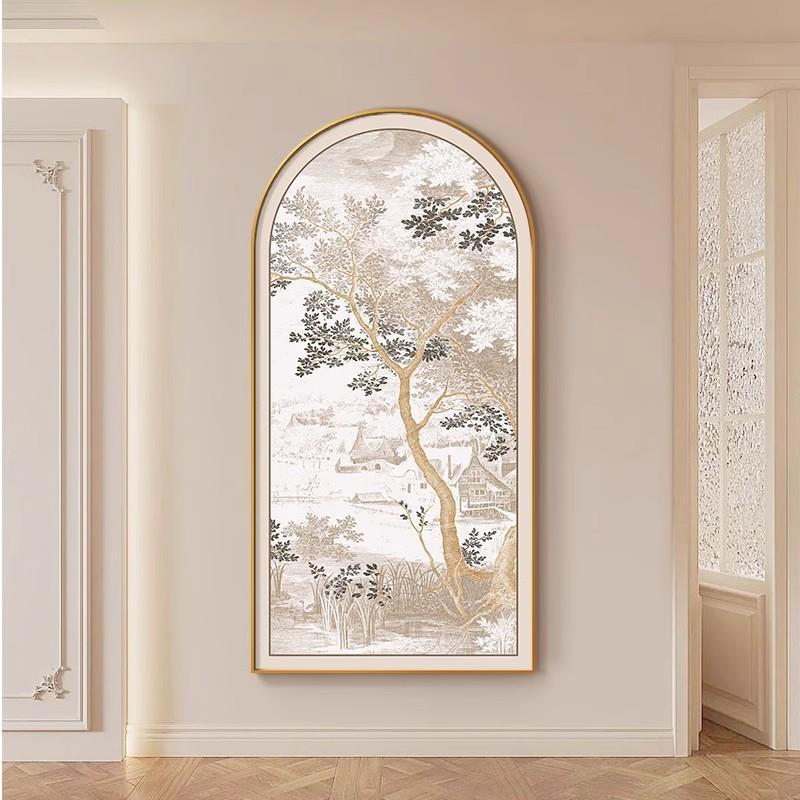 法式拱形入户玄关装饰画中古风走廊尽头挂画美式植物过道墙面壁画