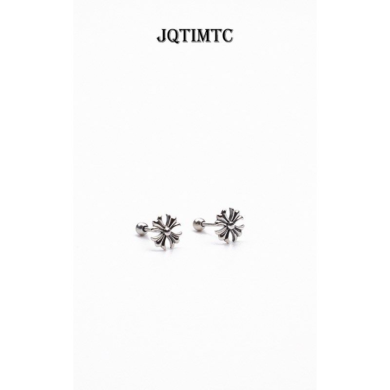 JQTIMTC《鸢尾花》通体s925纯银耳钉女M复古做旧十字架螺丝拧耳骨