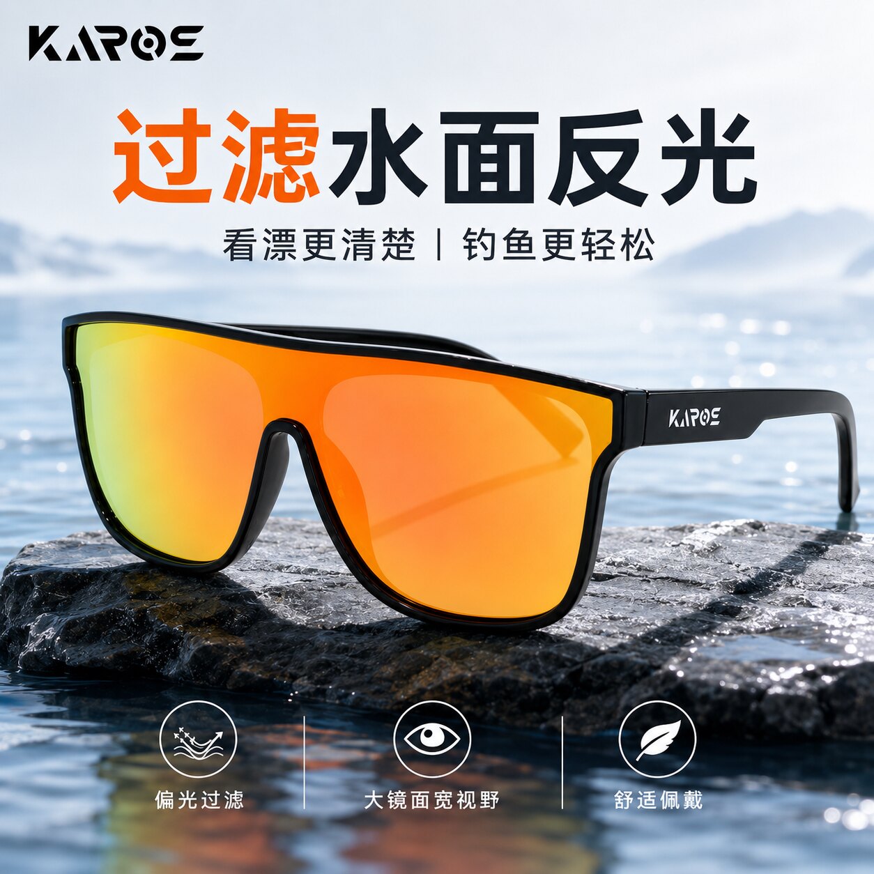 KAROS偏光钓鱼眼镜男大镜面高清看漂过滤水面反光路亚太阳镜