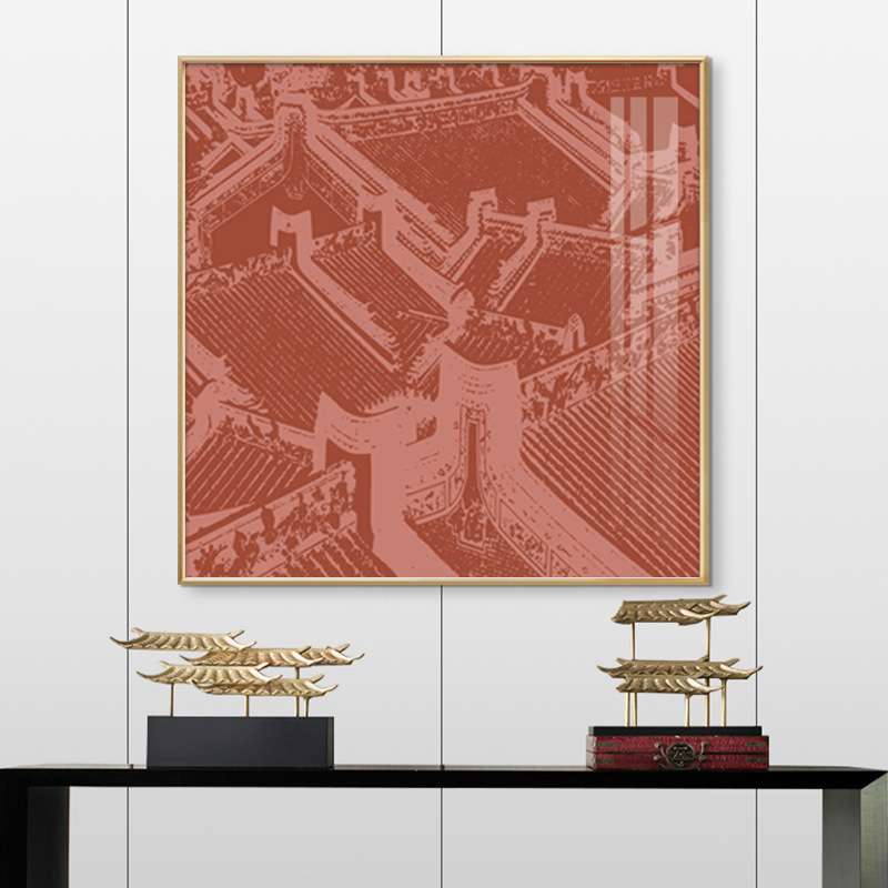 新中式装饰画红色建筑群古典艺术轻奢客厅沙发墙玄关壁画方形挂画