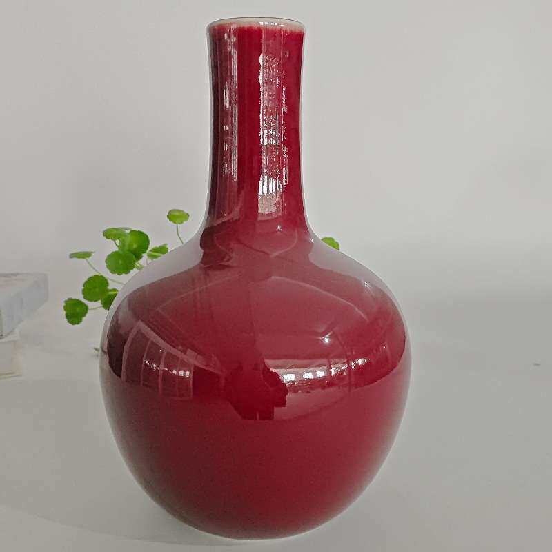 新中式陶瓷郎红手工花瓶摆件家居客厅玄关插花仿真电视柜餐桌装饰