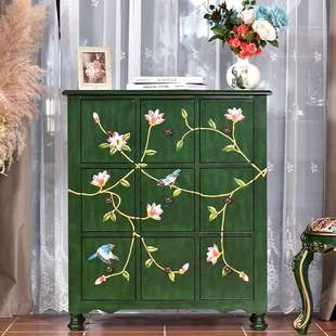 实木九斗柜 客厅新中式彩绘收纳卧室抽屉柜 床尾靠墙复古储物橱柜
