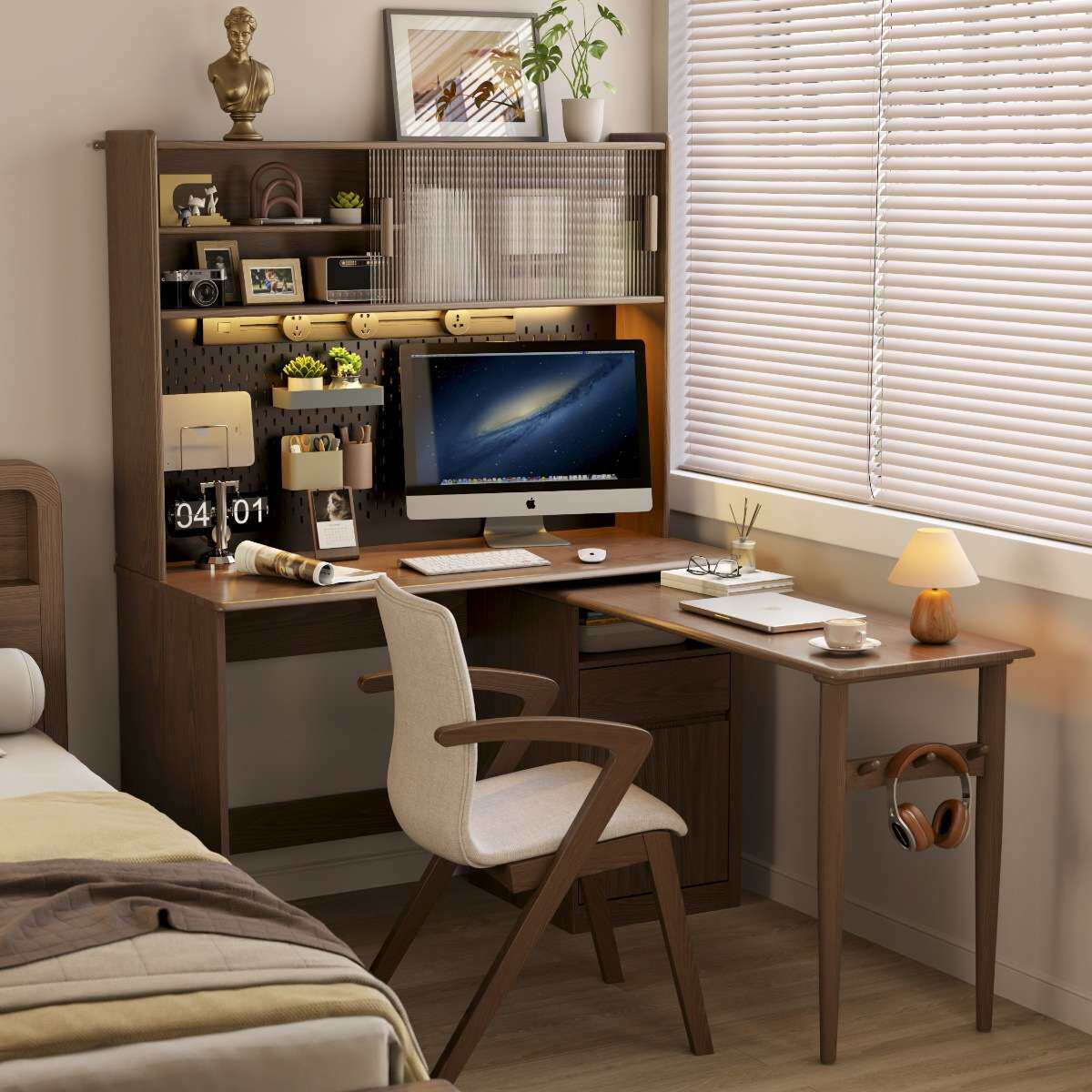 实木拐角书柜学生转角办公电脑桌子旋转书桌书架一体折叠家用