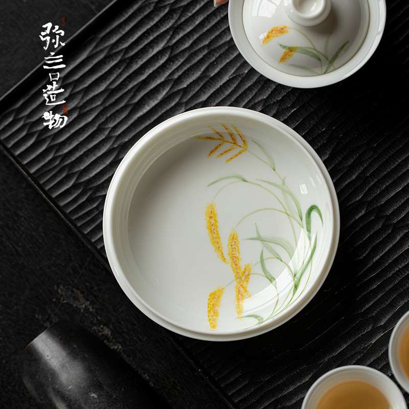 弥言白瓷手绘麦穗壶承家用茶盘小型茶台日式蓄水干泡盘盖碗茶壶垫
