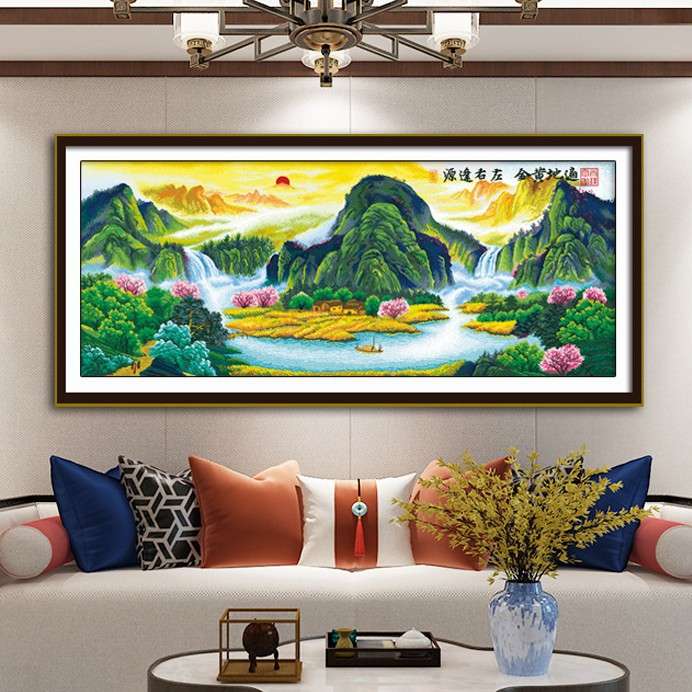 风水黄金满地山水画十字绣聚宝盆客厅大幅风景装饰画手工印花刺绣