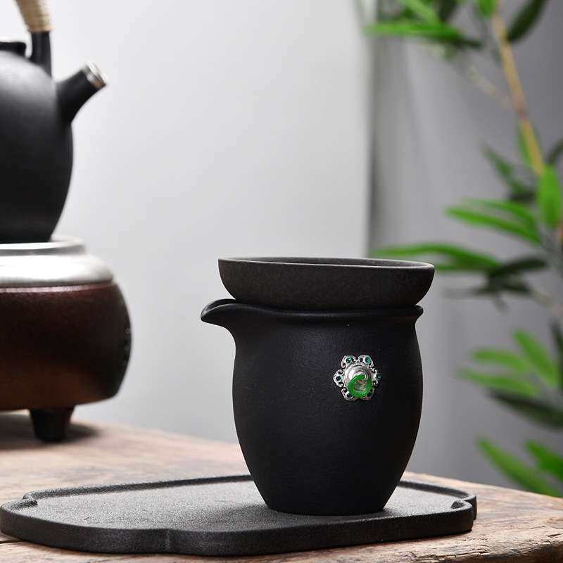 原矿黑陶火山石镶银银饰配件公道杯陶瓷粗陶分茶器茶漏套装公杯器