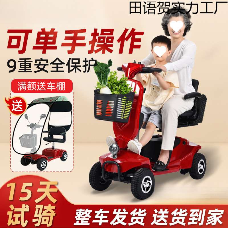 老人代步车双人电动残疾人车四轮家用折叠小型慢速老年电瓶助力车