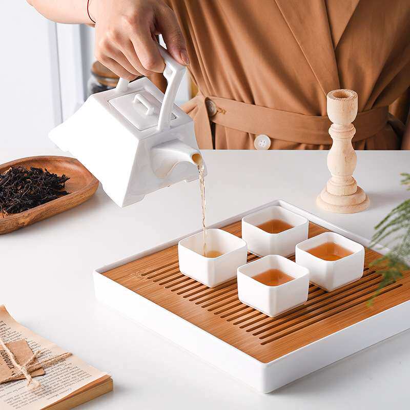 白瓷茶具套装家用轻奢小茶杯新中式方形提梁茶壶简约干泡茶盘