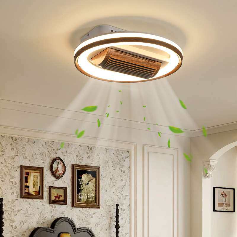 中古风无叶风扇灯复古胡桃色卧室吸顶灯隐形静音餐厅灯一体电扇灯