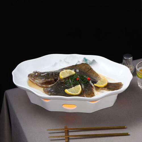 酒店中式陶瓷餐具多宝鱼旦形鱼盘餐厅蜡烛酒精炉加热保温明炉菜盘