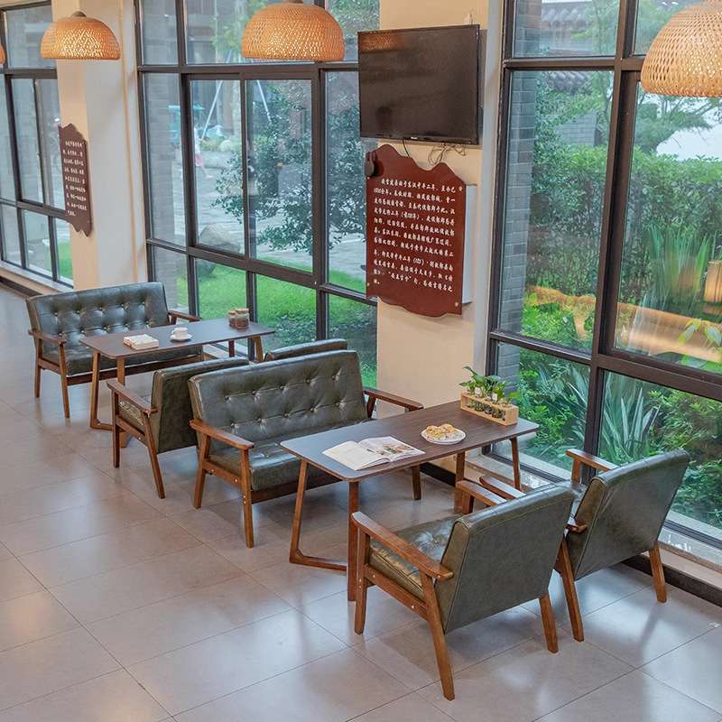 桌椅组合咖啡厅实木沙发椅单人椅卡座椅全实木圆椅圆桌新中式餐桌