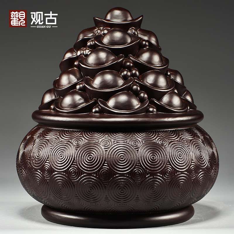 黑檀木雕聚宝盆摆件客厅实木家居玄关电视柜装饰公司店铺摆设送礼